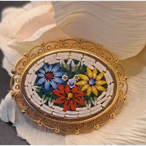 Vintage Floral Multi-Color Micro Mosaic Oval Gold Tone Pin Brooch